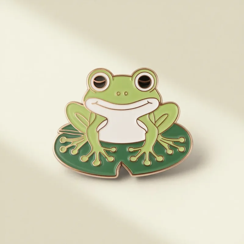 A frog enamel pin displayed on a lush green leaf, highlighting its intricate details and bright colors.