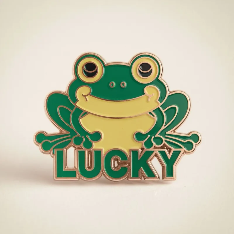 Enamel frog pin featuring the word "lucky" in a playful font, symbolizing good fortune and charm.