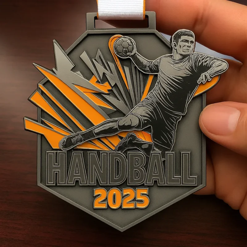 Black and orange handball medal, showcasing a dynamic design, symbolizing achievement in the sport of handball.