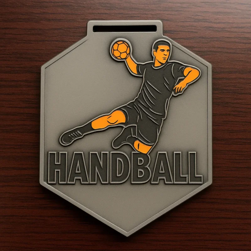 3D printed handball medal featuring a detailed design, showcasing the sport's emblem and winner's ribbon.
