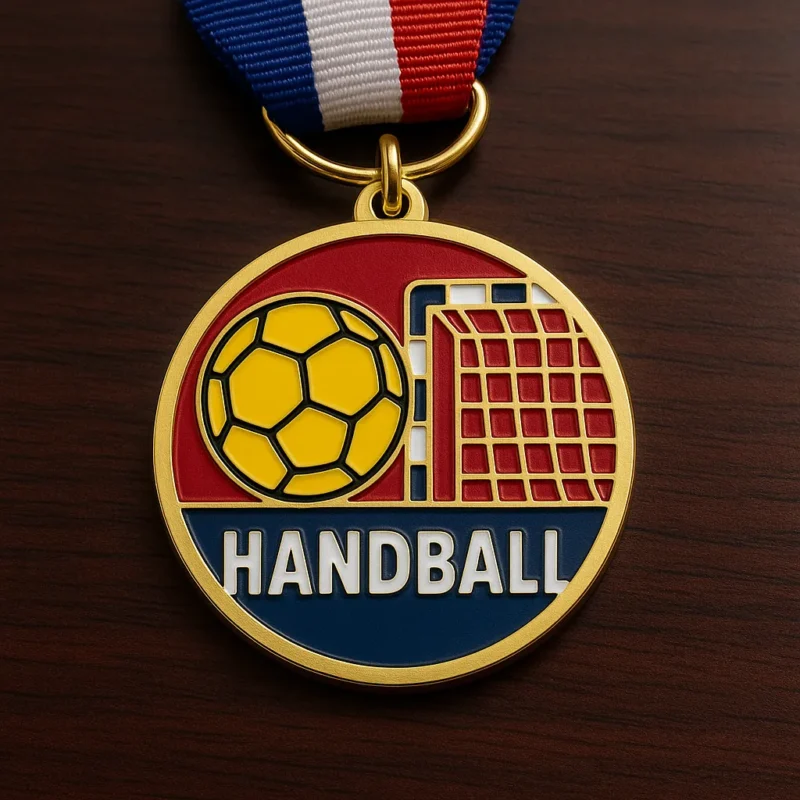 Handball medal displayed alongside a soccer ball and net, symbolizing sports achievement and competition.