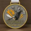 Handball medal design featuring a dynamic player silhouette and laurel wreath, symbolizing victory in the sport.