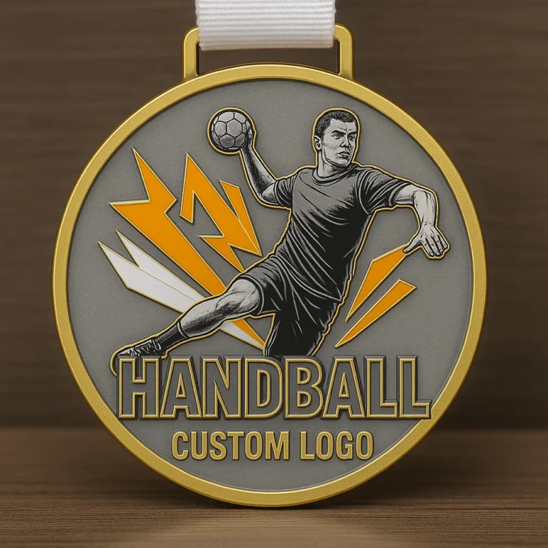 Handball medal design featuring a dynamic player silhouette and laurel wreath, symbolizing victory in the sport.