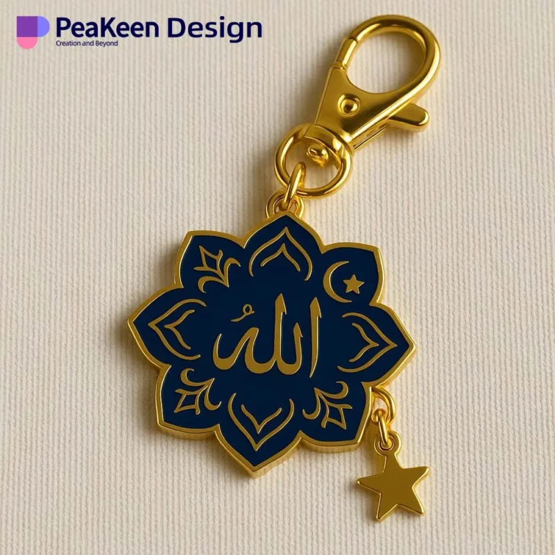 Gold and blue enamel keychain featuring the word "Allah" with an Islamic moon design.