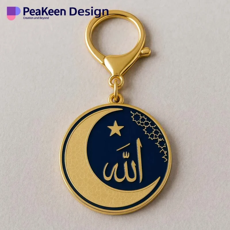 Gold and blue Islamic keychain featuring an enamel moon and the name of Allah elegantly displayed.