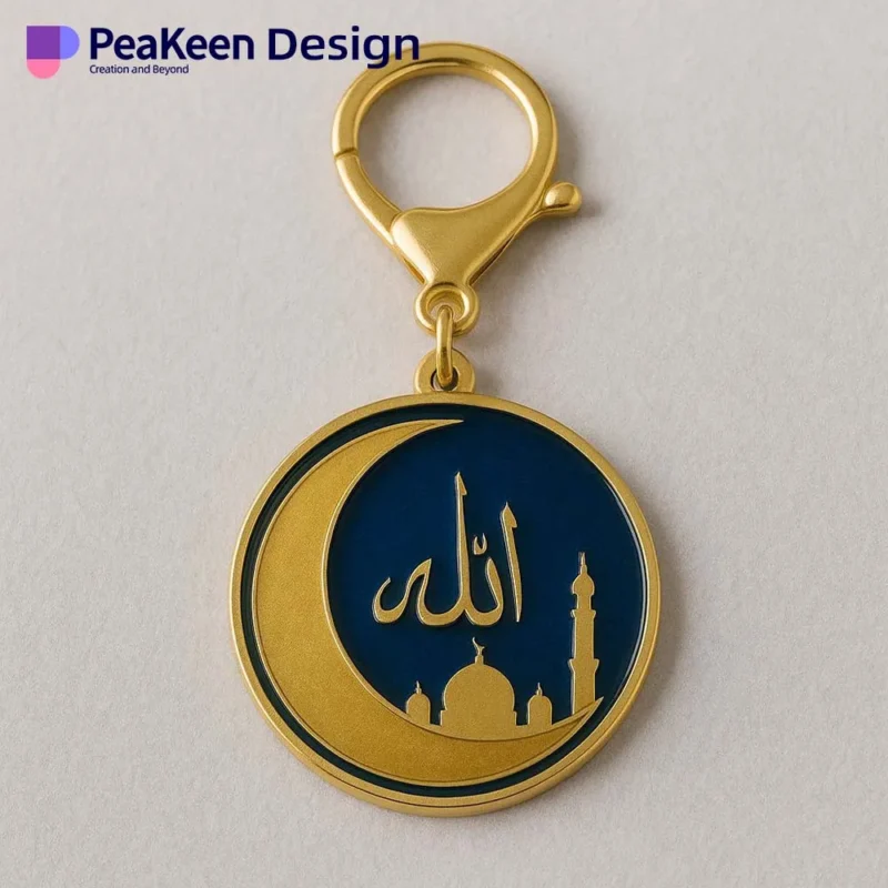 Gold keychain inscribed with "Islamic" adorned with an enamel crescent moon symbol.