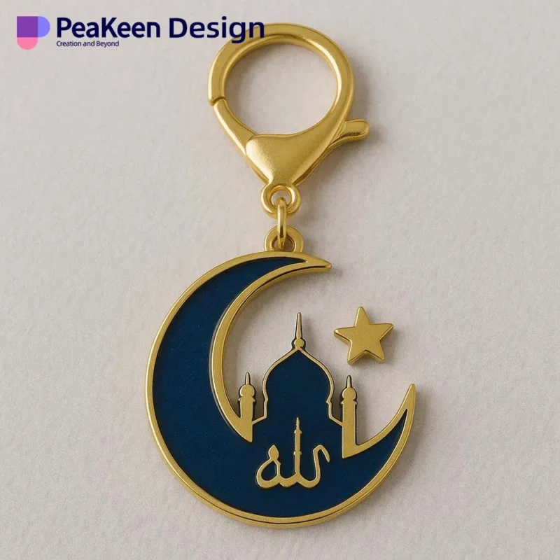 Enamel keychain with a gold and blue crescent and star, inscribed with the word "Islamic" symbolizing Islamic culture.