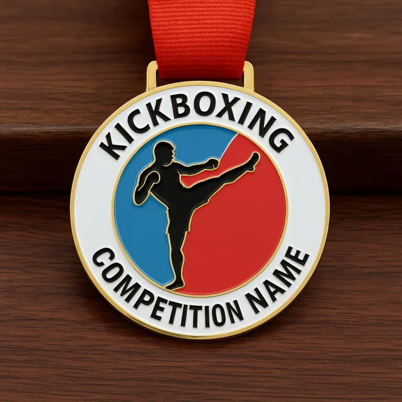 A kickboxing medal featuring the name of the competition engraved on its surface.