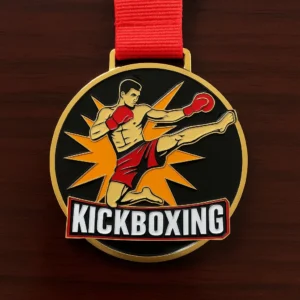 Kickboxing medal hanging from a red ribbon, set on a black backdrop.