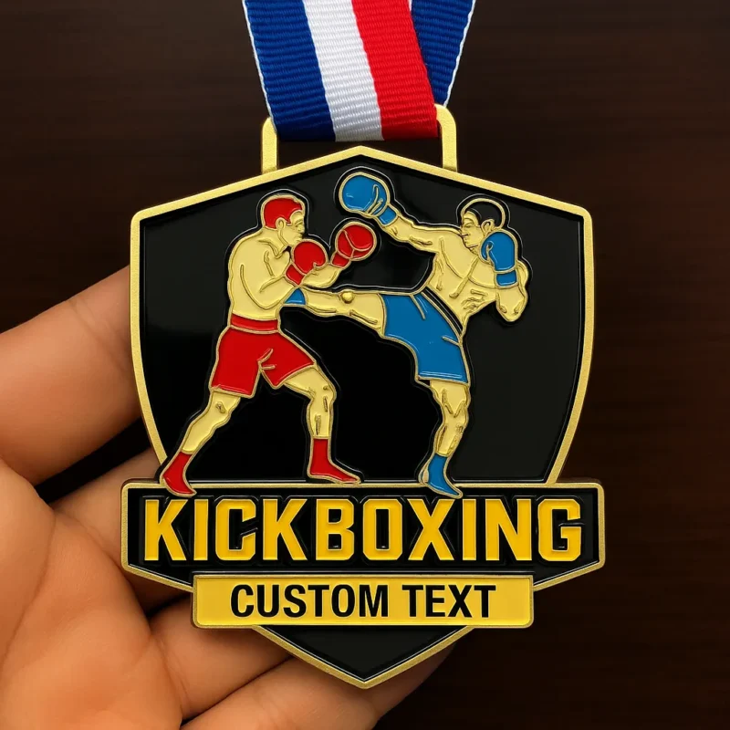 A kickboxing medal featuring a prominent kickboxing logo, symbolizing achievement in the sport.