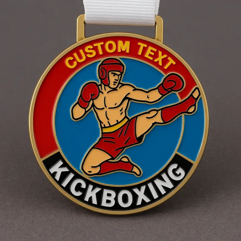 A kickboxing medal featuring the text "custom text" prominently displayed on its surface.