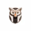 Black and white enamel pin of an owl, featuring detailed feathers and large eyes, set against a plain background.