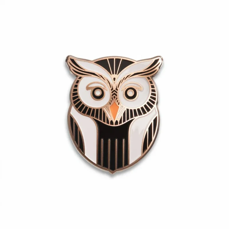 Black and white enamel pin of an owl, featuring detailed feathers and large eyes, set against a plain background.