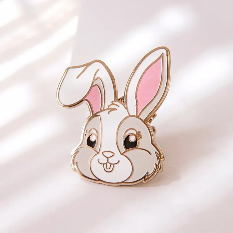 Cute rabbit enamel pin featuring pink ears, perfect for adding charm to bags or jackets.
