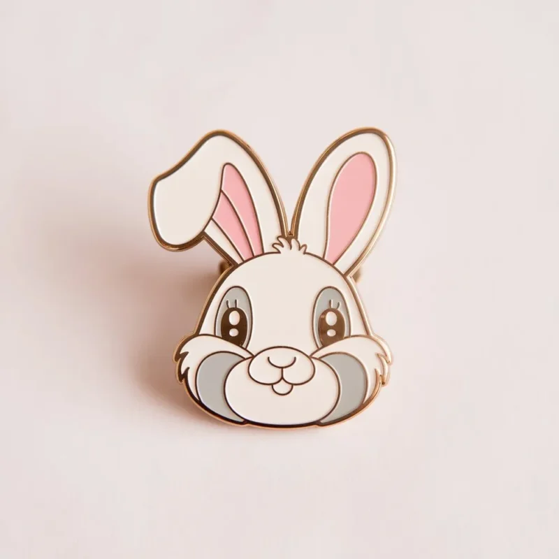 A white and pink enamel pin of a bunny with a large nose, perfect for rabbit lovers and collectors.