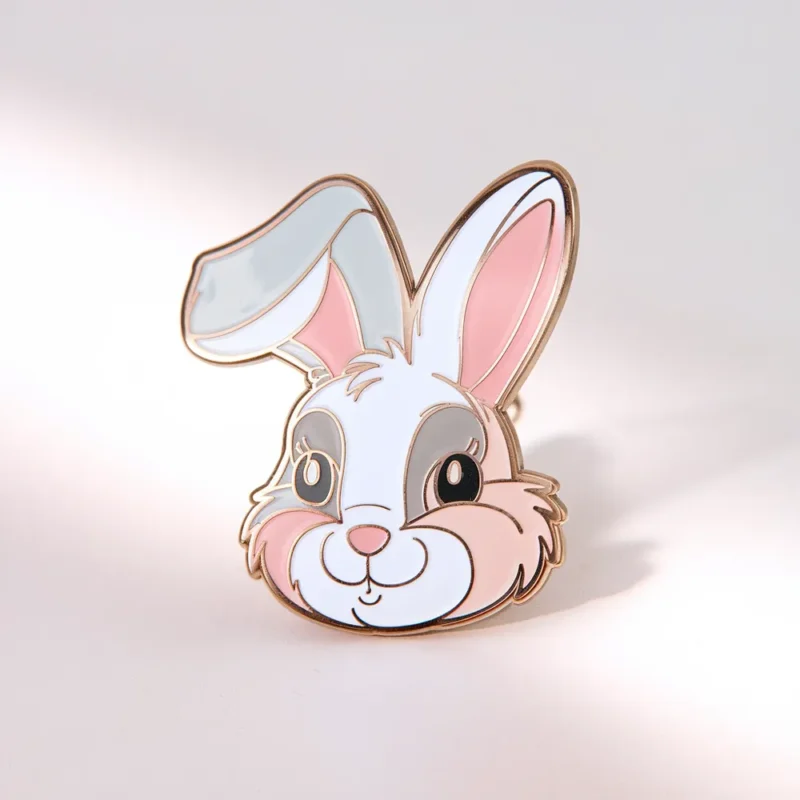 White and pink bunny enamel pin featuring a cute rabbit design, perfect for accessorizing bags or jackets.
