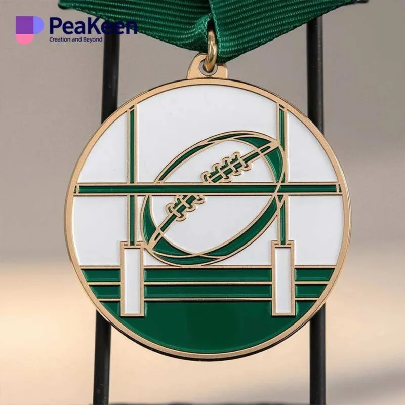 Customized rugby medal featuring a unique design, showcasing a rugby ball and team emblem.