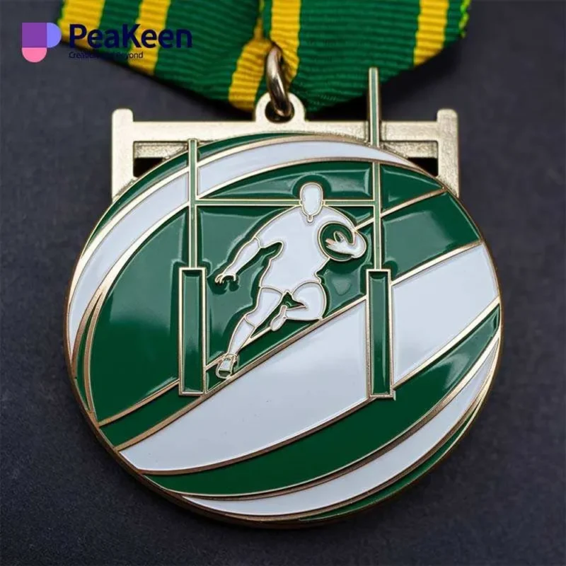 Customized rugby medal featuring a detailed rugby player in action, showcasing achievement in the sport.