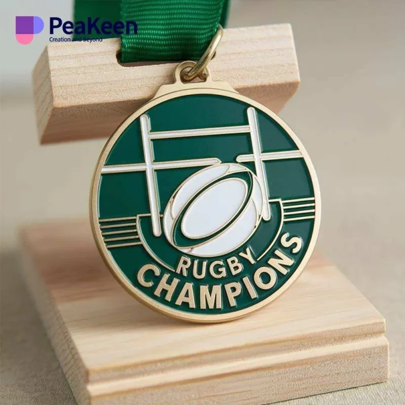 Customized rugby medal featuring a unique design, showcasing the sport's emblem and personalized engraving.