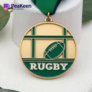 Customized rugby medal featuring a unique design, showcasing a rugby ball and team emblem.