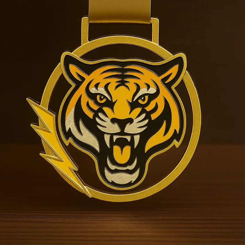 A medal featuring a detailed tiger head design, symbolizing strength and achievement.