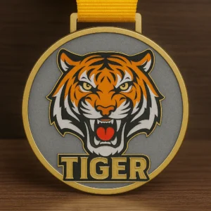 A medal featuring the word "tiger" prominently displayed on its surface.