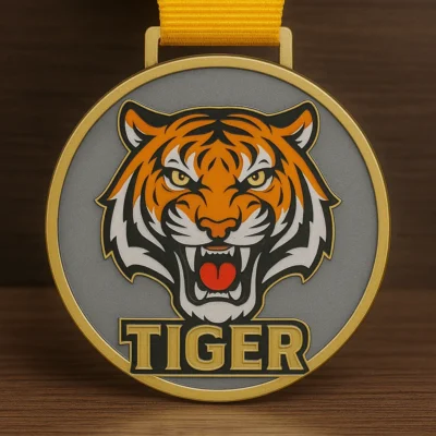 A medal featuring the word "tiger" prominently displayed on its surface.