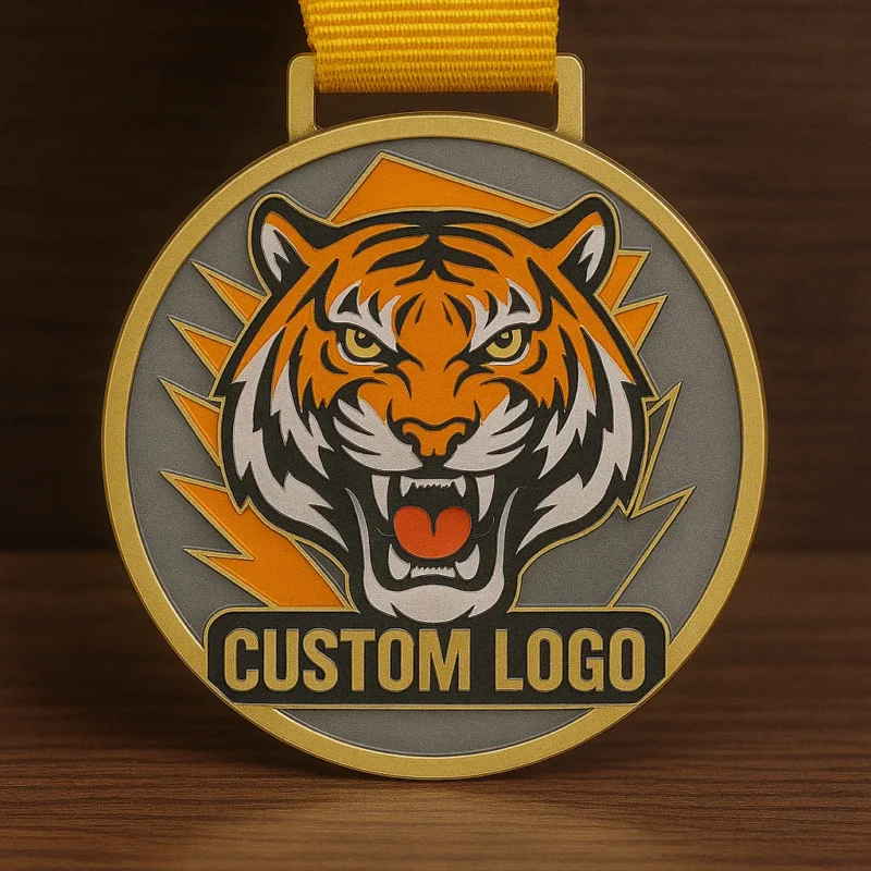 A medal featuring a detailed tiger head design, symbolizing achievement and strength.