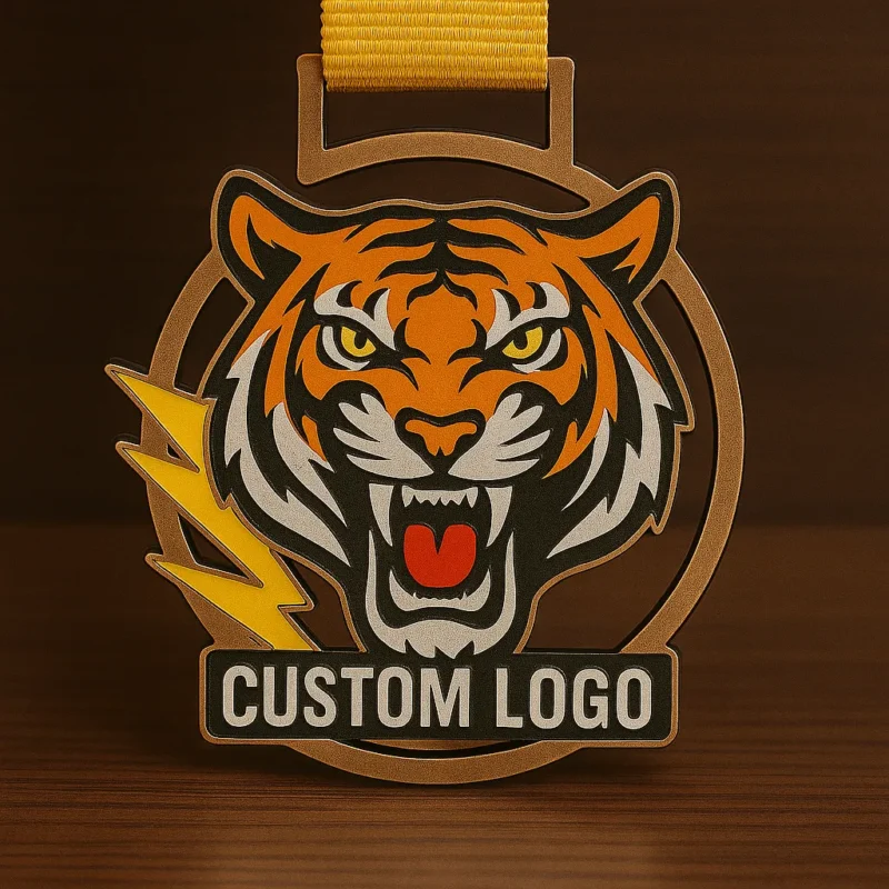 A medal featuring a detailed tiger head design, symbolizing strength and achievement.