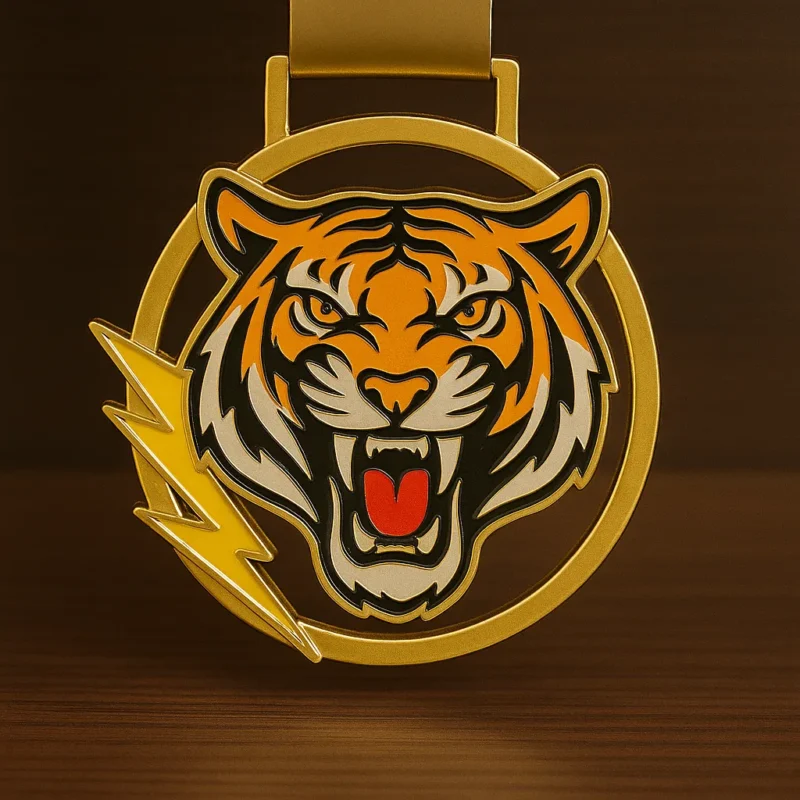 A medal featuring a detailed tiger head design, symbolizing strength and achievement.