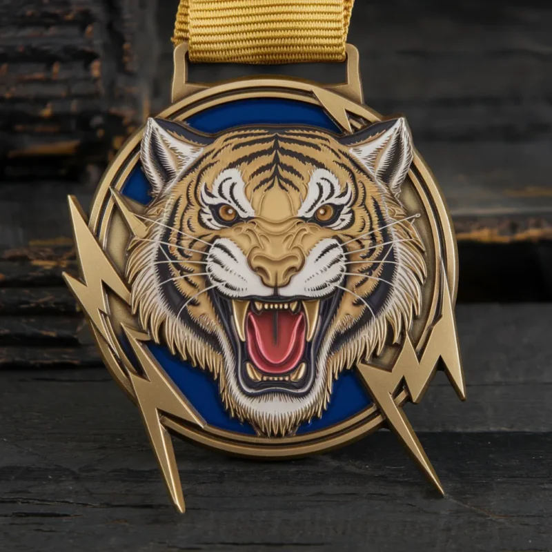 A tiger medal featuring a prominent lightning bolt design in the center.