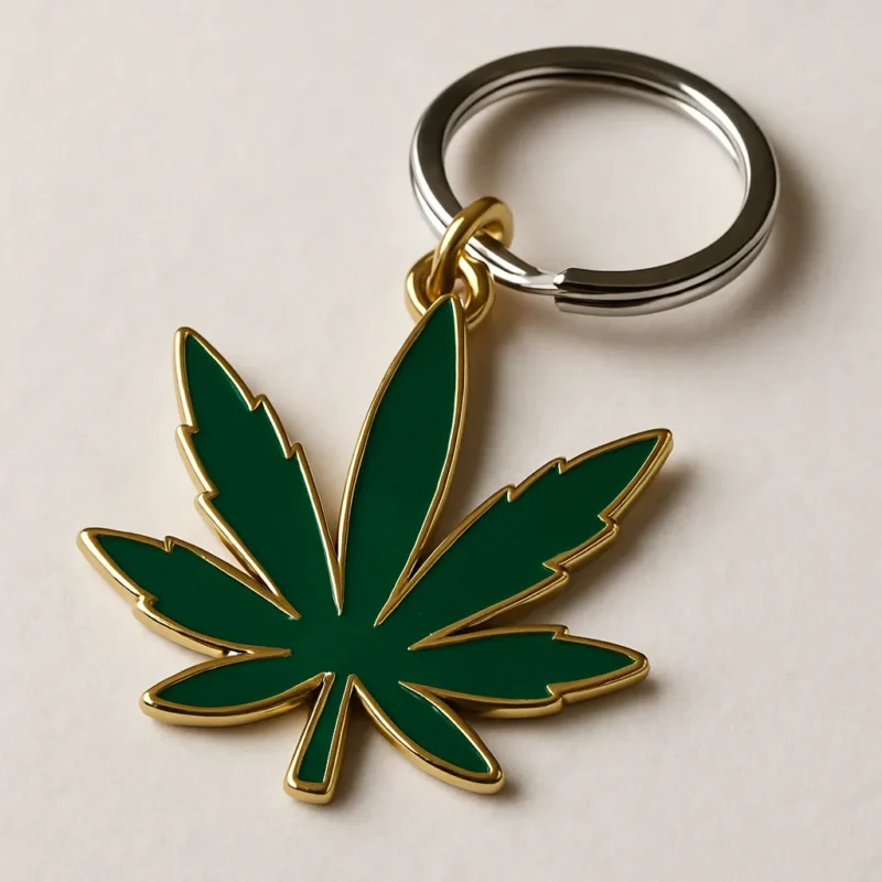 Green marijuana leaf keychain with a detailed design, hanging from a metal ring.