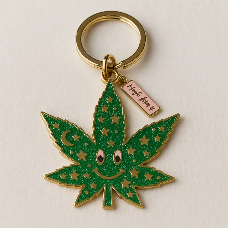 Green marijuana leaf keychain featuring stars and a smiley face, adding a playful touch to your accessories.