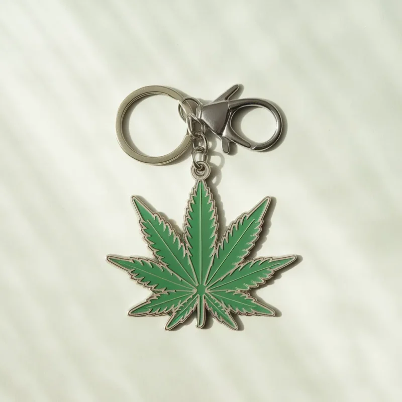 A marijuana leaf keychain featuring a green leaf design attached to a silver metal keyring.