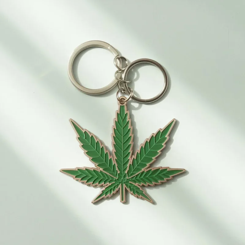 A green marijuana leaf keychain resting on a white surface, showcasing its detailed design and vibrant color.