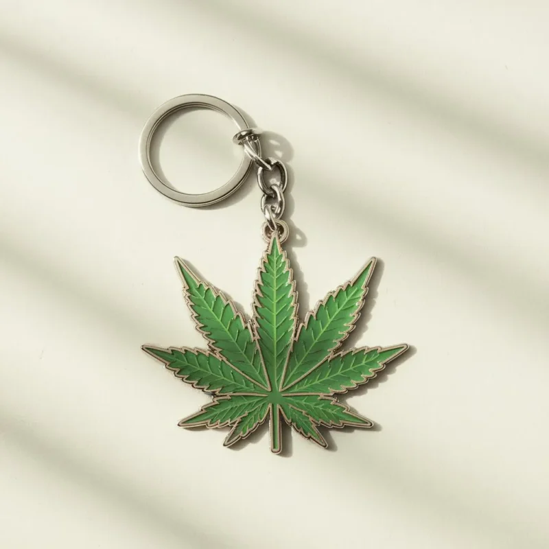 Green marijuana leaf keychain resting on a white surface, showcasing its vibrant color and detailed leaf design.