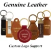Custom genuine leather keychains displayed in various colors and styles, showcasing craftsmanship and personalization options.