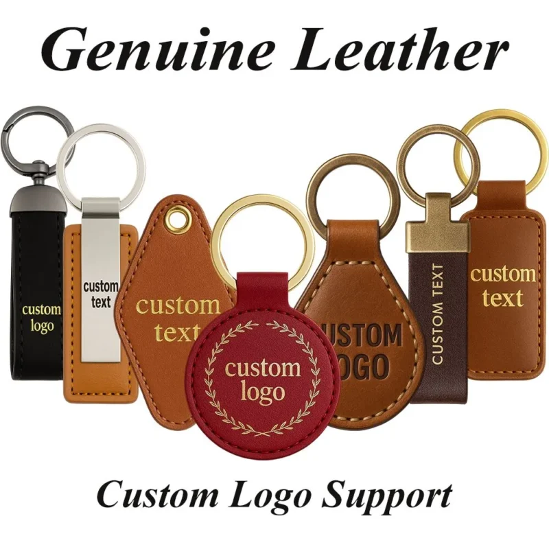 Custom genuine leather keychains displayed in various colors and styles, showcasing craftsmanship and personalization options.