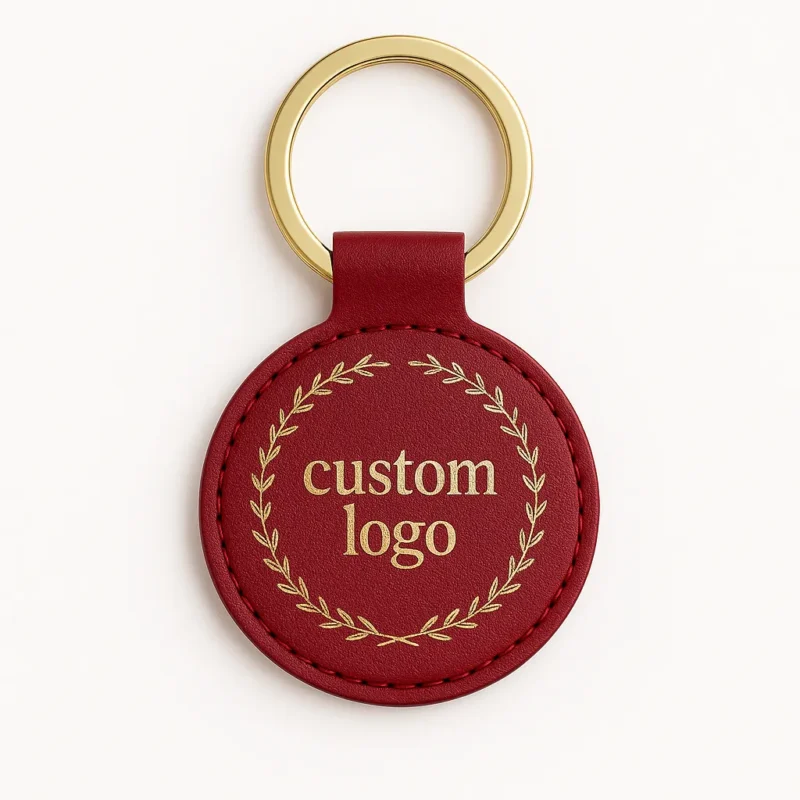 Genuine leather keychain featuring a gold logo on a stylish red leather design.