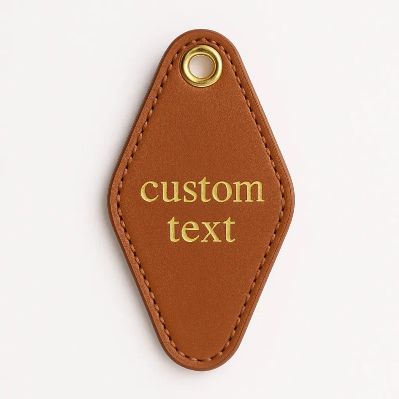 Custom leather key tag mockup featuring a genuine leather keychain with a sleek design and personalized engraving option.