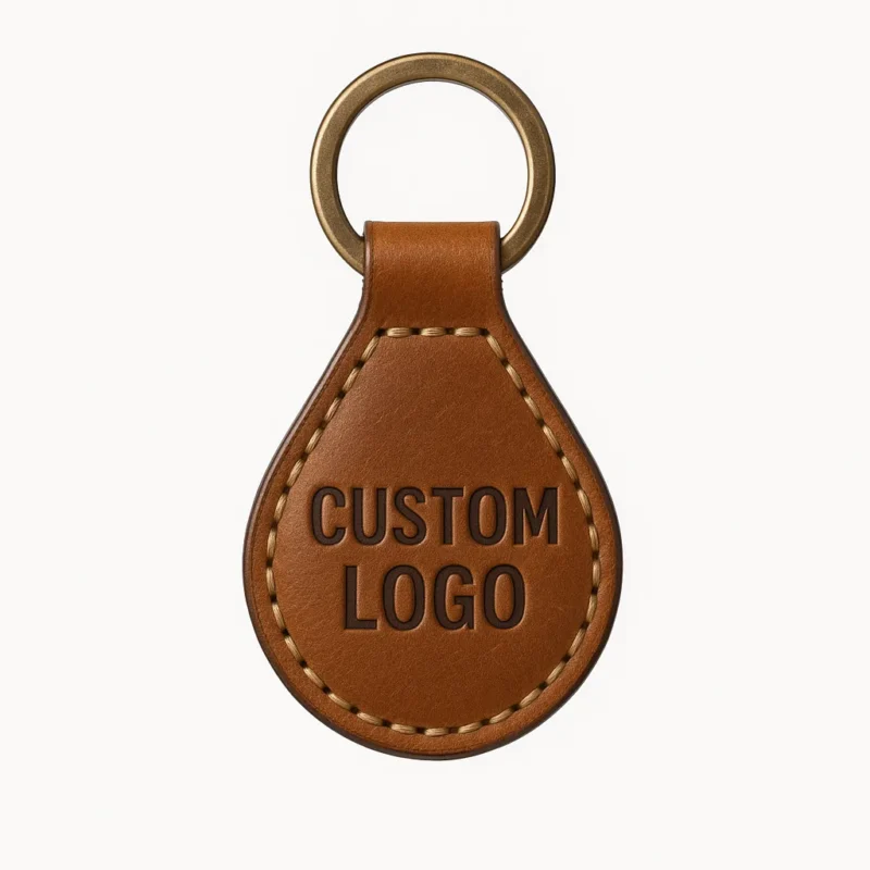 Genuine leather keychain featuring the words "custom logo" embossed on its surface.