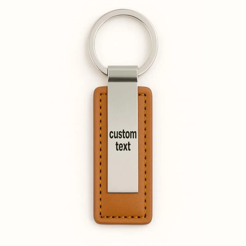 Custom genuine leather keychain featuring personalized text, showcasing a sleek and stylish design.