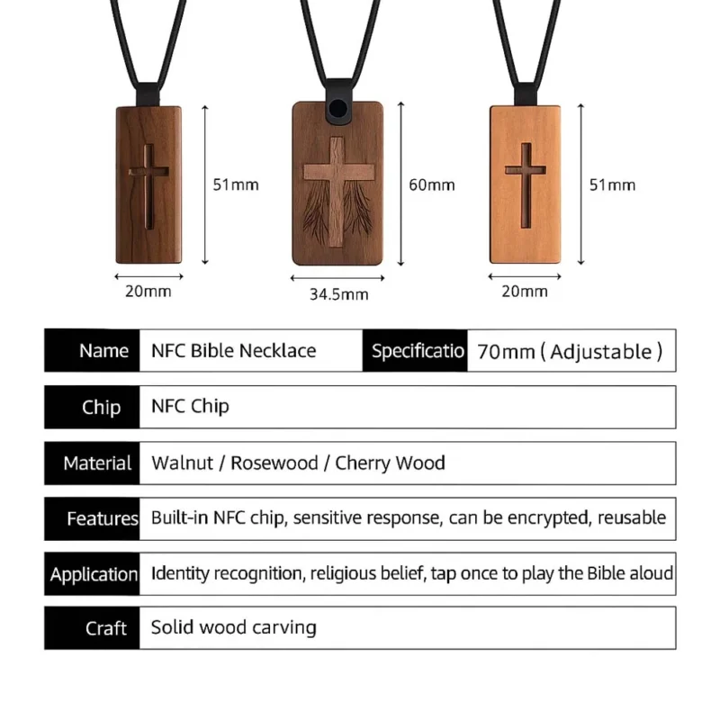 Wooden cross necklace with measurements, featuring an NFC chip for Bible access.