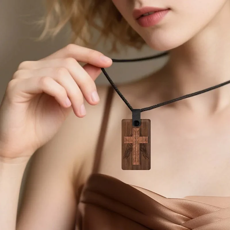 A woman wearing a wooden cross necklace, featuring an NFC Bible for easy access to scripture.