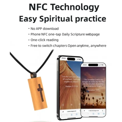 NFC Bible necklace showcasing technology for easy spiritual practice and connection to faith.