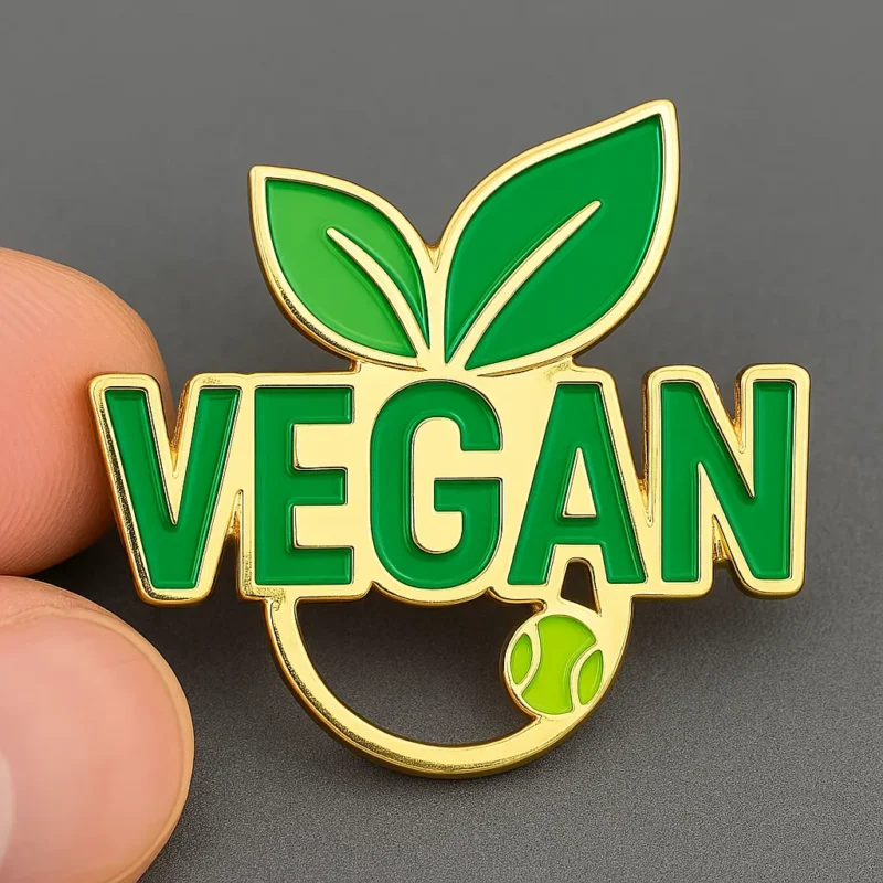 A hand grips a gold and green enamel pin labeled "Vegan," symbolizing commitment to a vegan lifestyle and values.