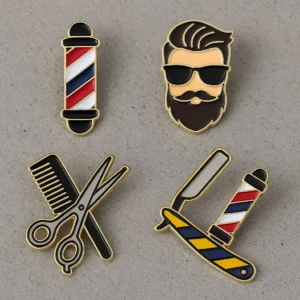 Set of colorful enamel pins featuring barber tools and symbols, perfect for barbershop enthusiasts and collectors.