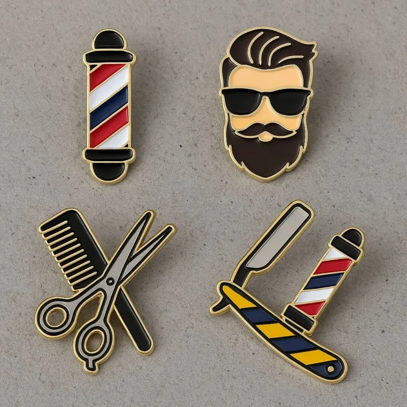 Set of colorful enamel pins featuring barber tools and symbols, perfect for barbershop enthusiasts and collectors.