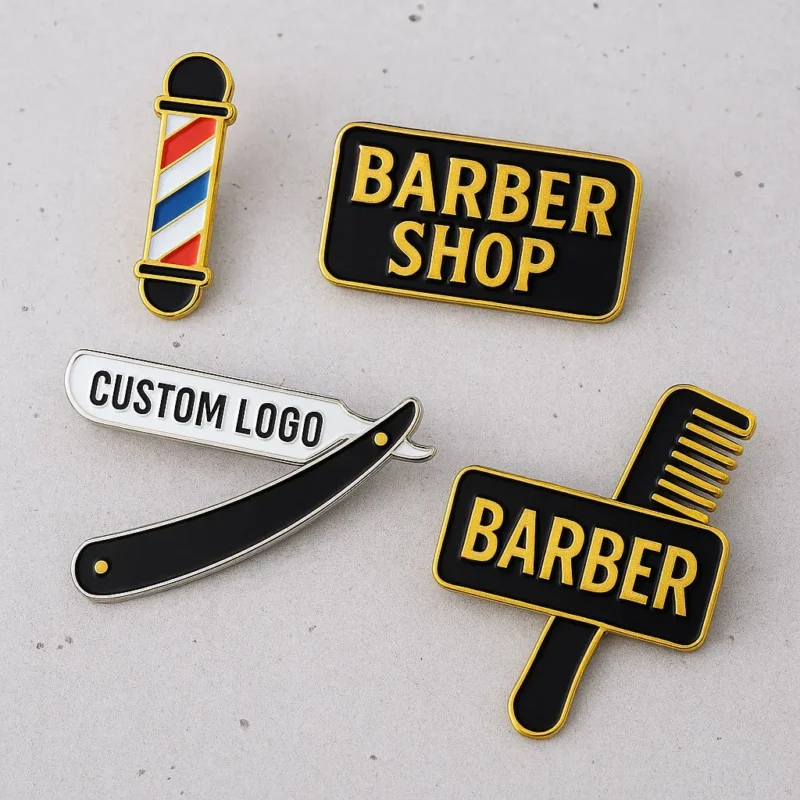 Enamel pin featuring a classic barber pole design, symbolizing a traditional barber shop.