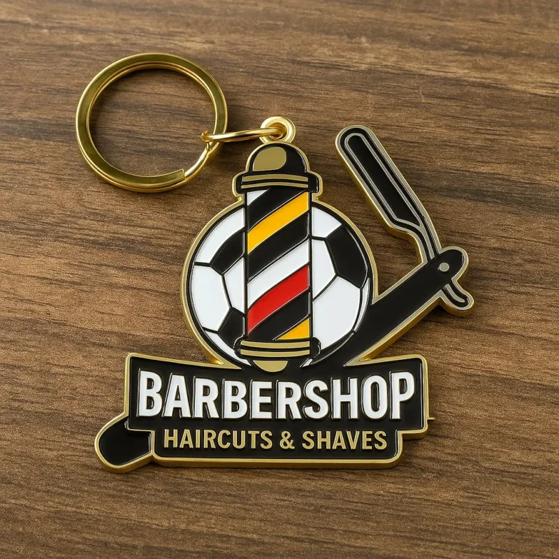 Barber shop keychain with a pin design, highlighting classic barber tools like scissors and a comb for hair care.
